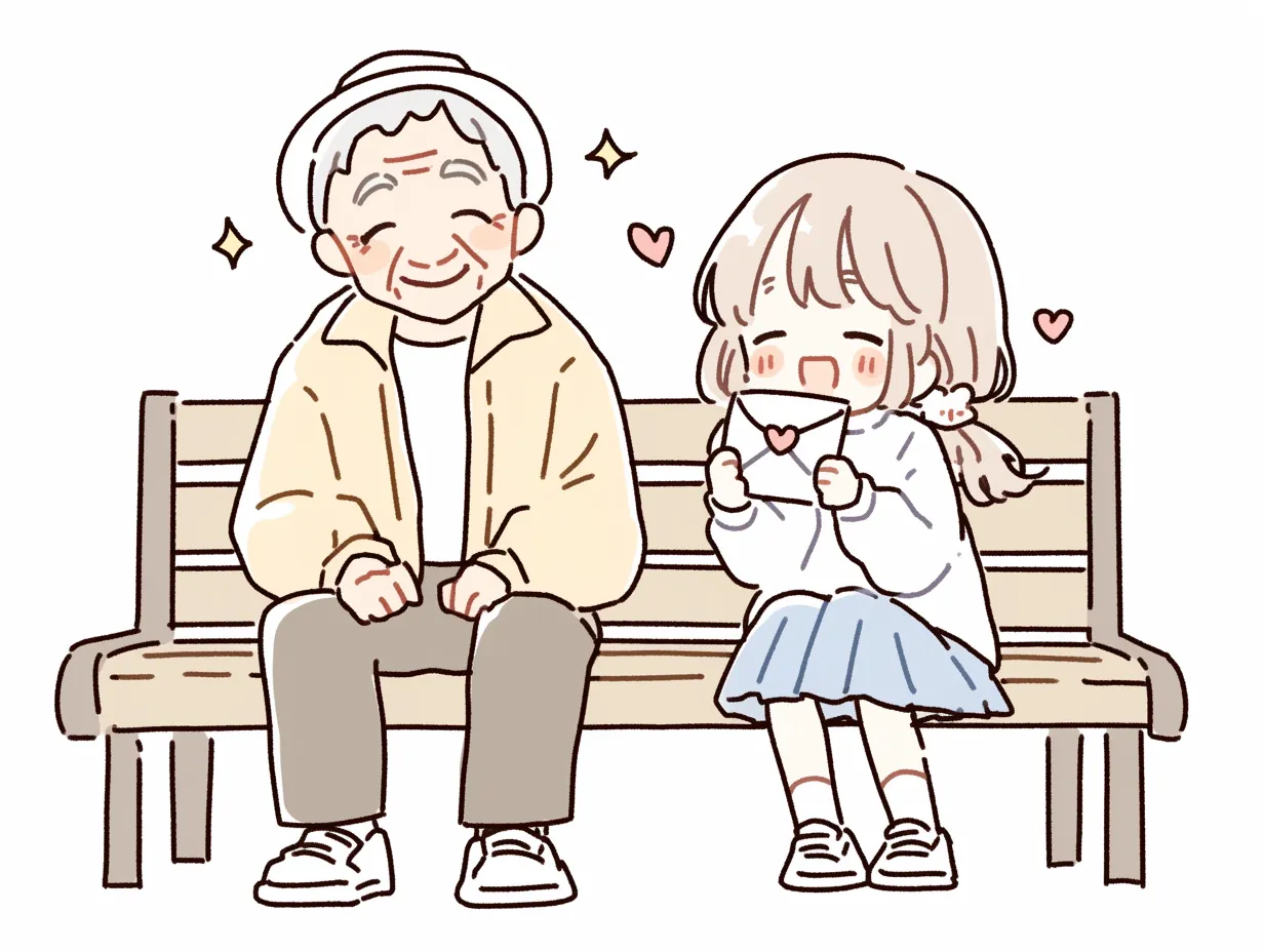 かわいい敬老の日の贈り物｜ベンチに並ぶおじいちゃんと孫が、笑顔で過ごす敬老の日。手紙とハートマークが、やさしい気持ちのやりとりと親密な関係性を愛らしく描き出しています。