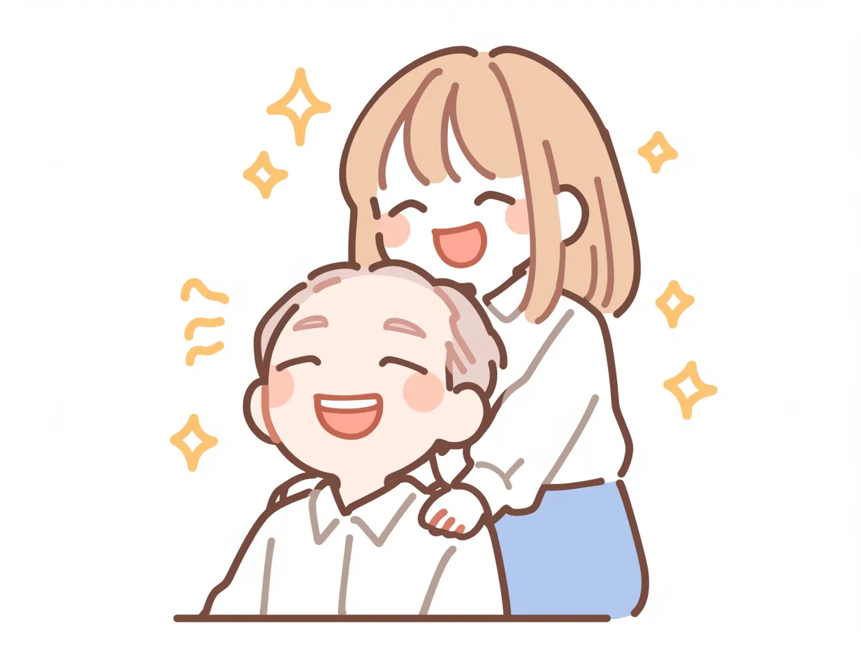 かわいい敬老の日の肩もみ｜満面の笑顔で肩をもまれるおじいちゃんと、それを嬉しそうに見守る孫。シンプルな線と明るい色合いが、ほっこりとした敬老の日の交流を印象づけています。