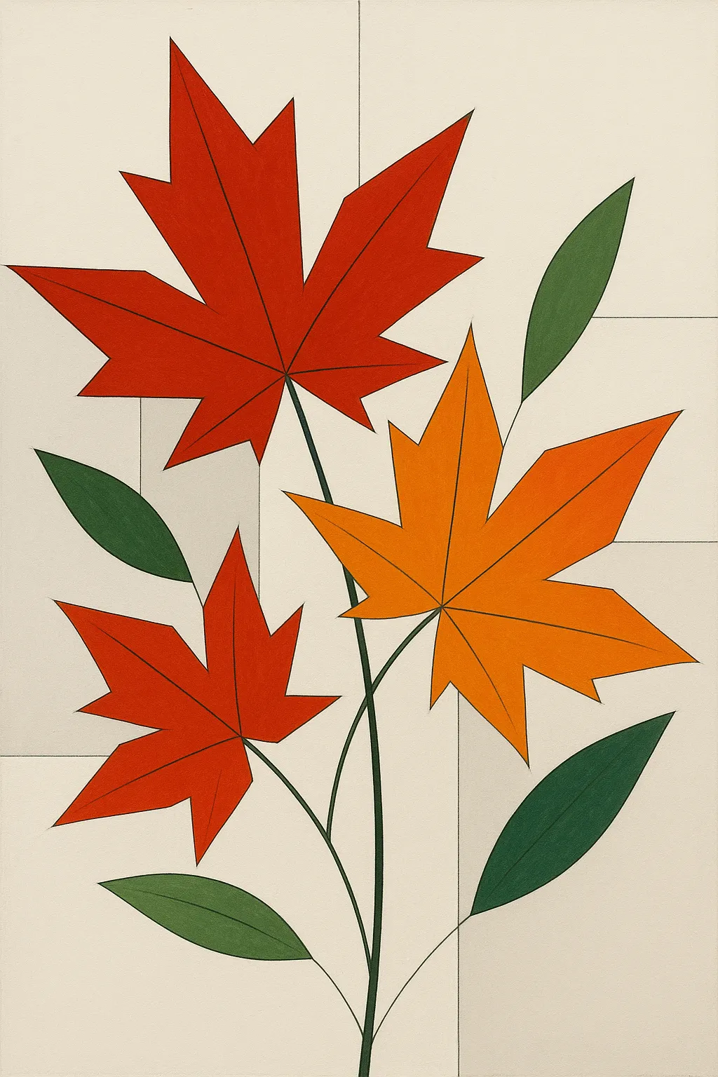紅葉モダン抽象スタイルの絵｜鮮やかな赤や橙の葉が舞う紅葉をモダン抽象スタイルの絵で描写。シャープな輪郭とシンプルな背景が秋らしい躍動感を強調し、季節の移ろいを象徴している。