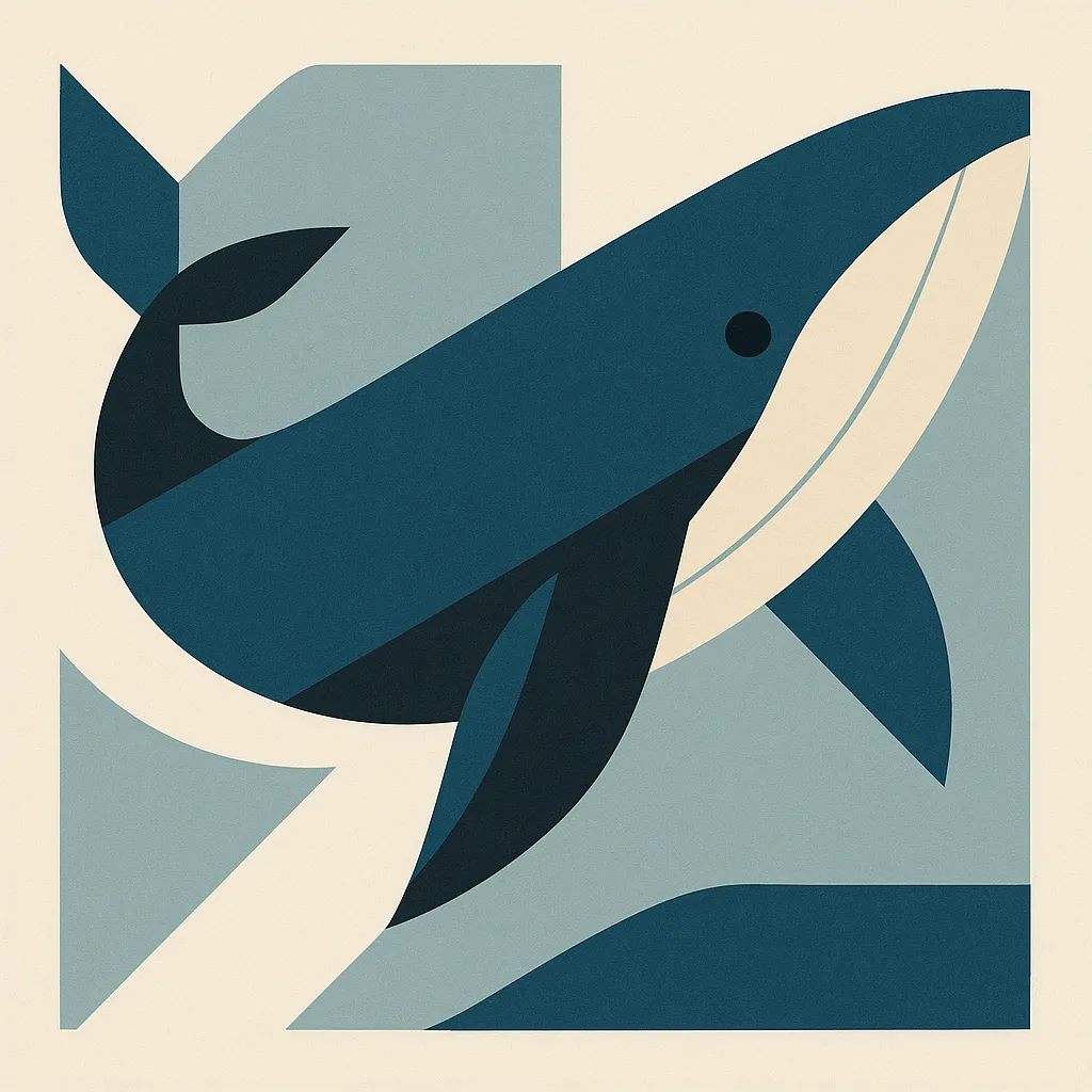 クジラのモダン抽象スタイルの絵｜深いブルーのトーンで描かれたクジラのモダン抽象スタイルの絵は、穏やかな海の広がりを思わせます。流れるような構図と柔らかいラインが大きさと優しさを同時に表現した印象的な作品です。