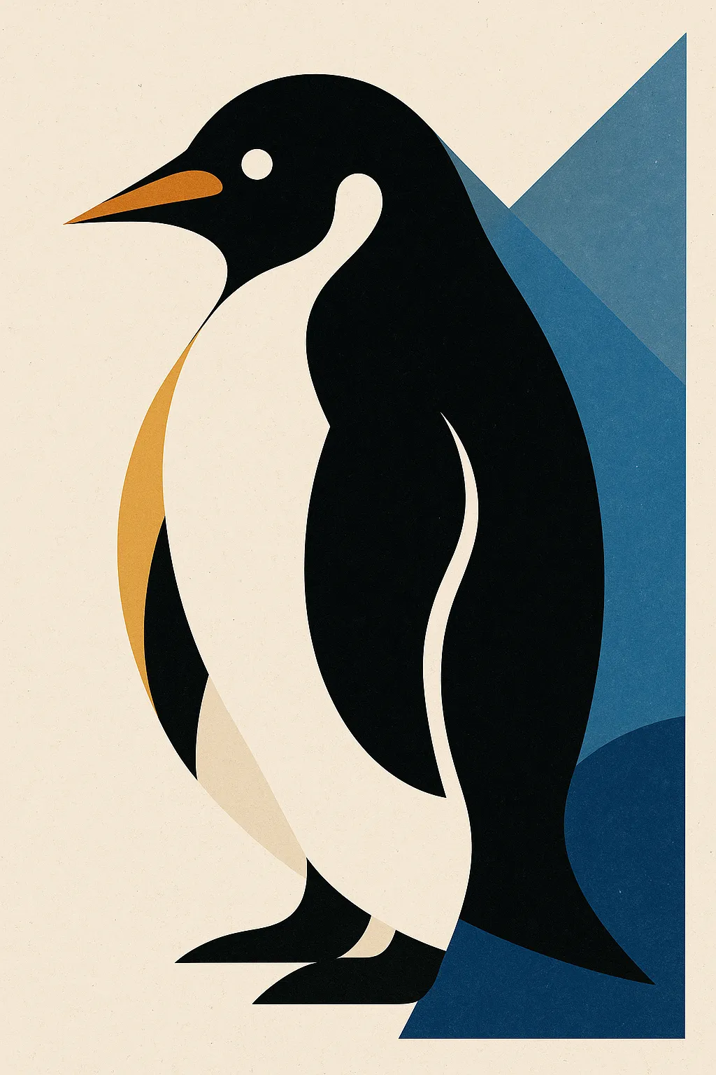 ペンギンのモダン抽象スタイルの絵｜黒と白の強いコントラストにアクセントカラーを加えたペンギンのモダン抽象スタイルの絵は、堂々とした佇まいを印象づけます。シンプルでありながらも構築的なデザインが力強さを伝えています。