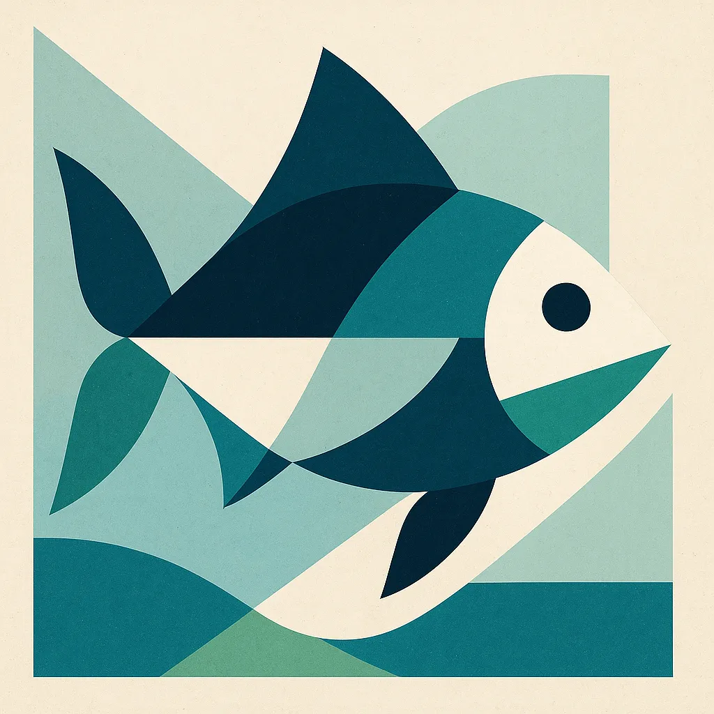 魚のモダン抽象スタイルの絵｜幾何学的な構図とブルーの配色が特徴的な魚のモダン抽象スタイルの絵は、軽快で動きのある印象を与えます。多様な形の組み合わせが調和し、モダンなデザイン性を際立たせています。