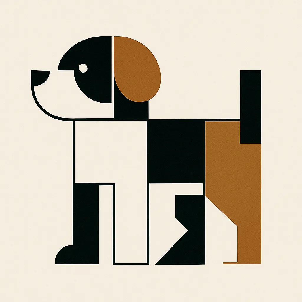 犬モダン抽象スタイルの絵｜犬をモチーフにしたモダン抽象スタイルの絵は、直線と曲線を組み合わせたブロック的な構成が特徴です。親しみやすさとスタイリッシュさを兼ね備えたデザインで、空間に遊び心を与えます。