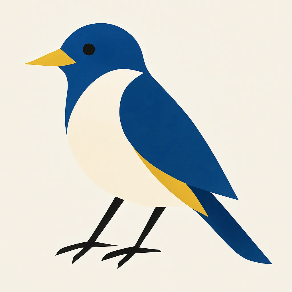 鳥のモダン抽象スタイルの絵｜鮮やかな青と白のコントラストで描かれた鳥のモダン抽象スタイルの絵は、清涼感と軽やかさを兼ね備えています。幾何学的な構成が明快さを生み、シンプルながら洗練された印象を与えます。