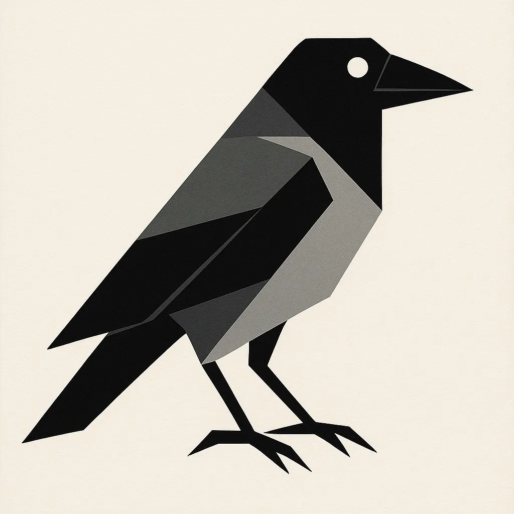 カラスのモダン抽象スタイルの絵｜鋭いラインとモノトーンで構成されたカラスのモダン抽象スタイルの絵は、力強さと神秘性を感じさせます。直線的で硬質なデザインが、知的で引き締まった雰囲気を演出しています。
