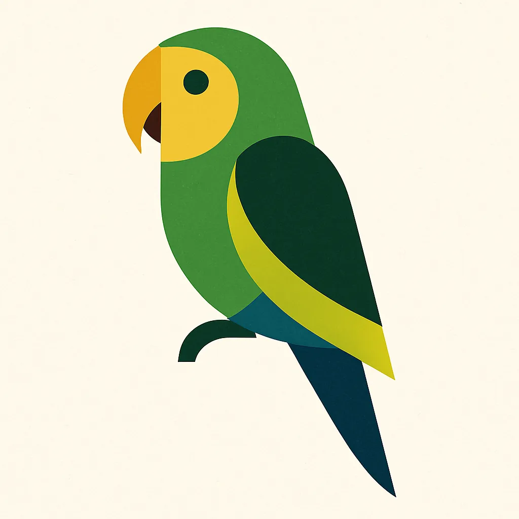インコのモダン抽象スタイルの絵｜緑と黄色の調和で描かれたインコのモダン抽象スタイルの絵は、鮮やかで明るい印象を持ちます。直線と曲線を組み合わせた構成が軽やかさを生み出し、現代的で爽やかな雰囲気を漂わせています。