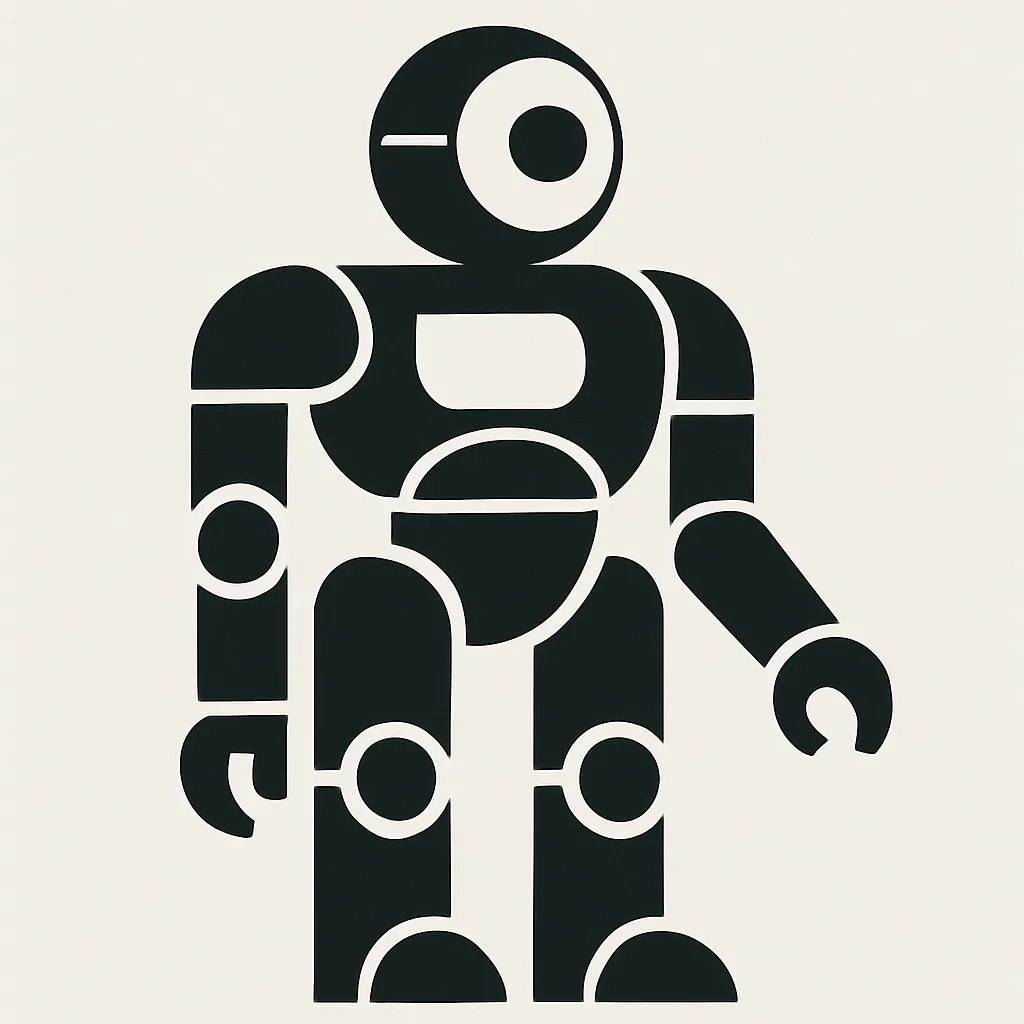 ロボットのモダン抽象スタイルの絵｜ロボットをモチーフにしたデザインは未来的で力強い存在感を放ちます。円や直線を組み合わせたシルエットが特徴的で、モダン抽象スタイルの絵としての造形美を際立たせています。シンプルながら近未来的な雰囲気を表現しています。