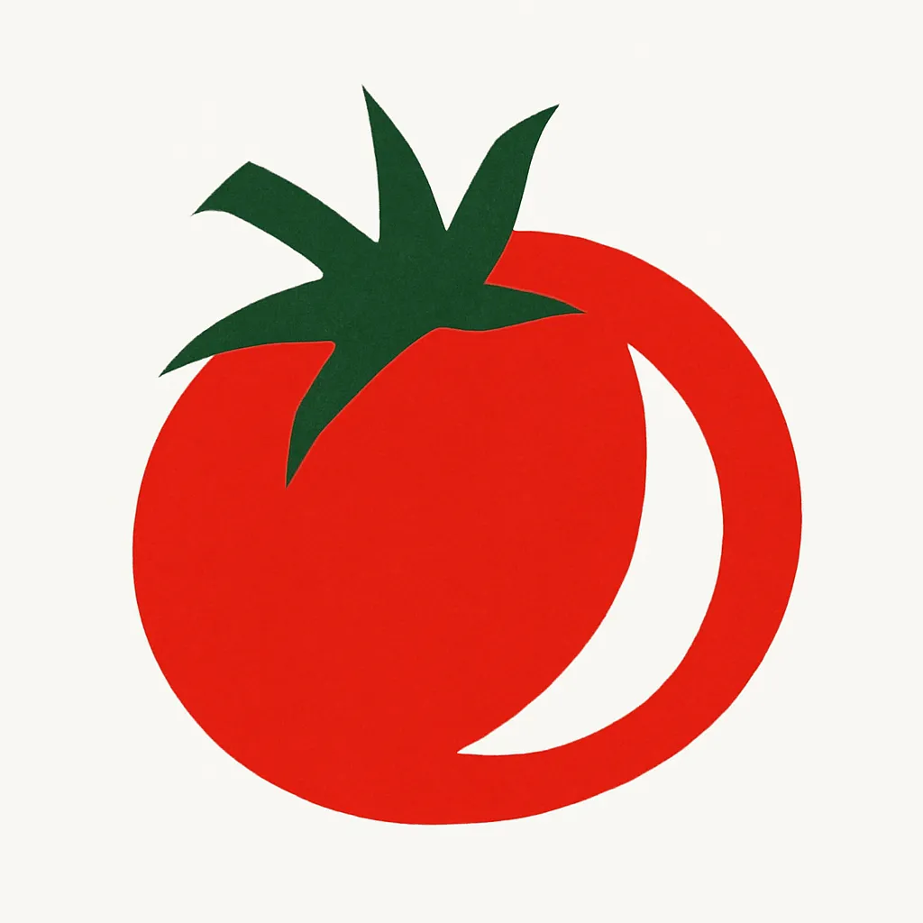 トマトのモダン抽象スタイルの絵｜赤と緑の対比が際立つトマトのモダン抽象スタイルの絵は、シンプルで力強い構図が印象的で、フレッシュな活気とデザイン性を同時に感じさせます。