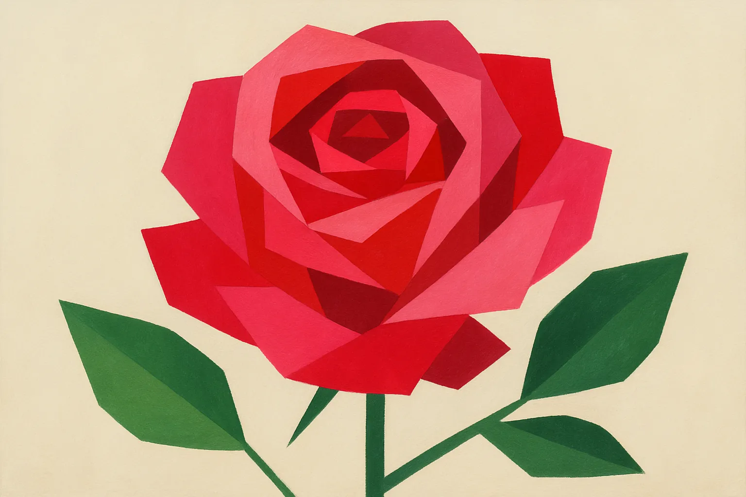 バラのモダン抽象スタイルの絵｜バラをモダン抽象スタイルの絵として表現することで、花びらの重なりを直線的かつ立体的に表し、情熱的で高貴な雰囲気を放っています。モダンな力強さと優雅さが同居しています。