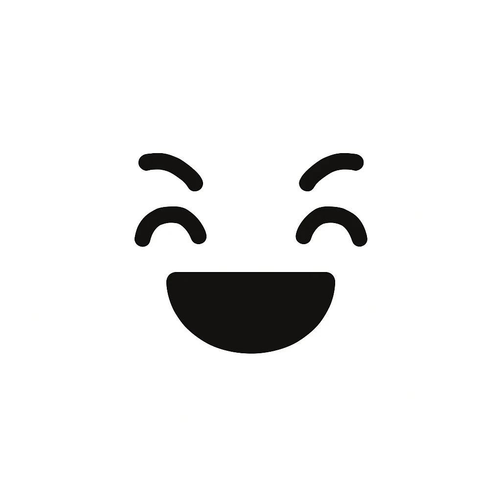 面白い顔文字のミニマルイラスト｜真っ白な背景に黒の線で表現された「面白い顔文字」のモノクロミニマルイラストです。丸い目と大きな笑い口が印象的で、見た人の気持ちを明るくするようなデザインです。SNSやリアクションアイコンにぴったり。アスキーアート「(＾▽＾)」のニュアンスをシンプルに再構築しています。