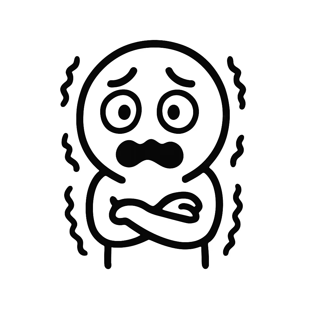 ガクブル顔文字のミニマルイラスト｜震えが止まらない「ガクブル顔文字」をモチーフにしたミニマルイラストです。体全体に震え線をまとわせ、口元を引きつらせることで、「((((( ;ﾟДﾟ)))))」「ｶﾞｸｶﾞｸ((（n;‘Д‘))η」などの表現を再構成しました。