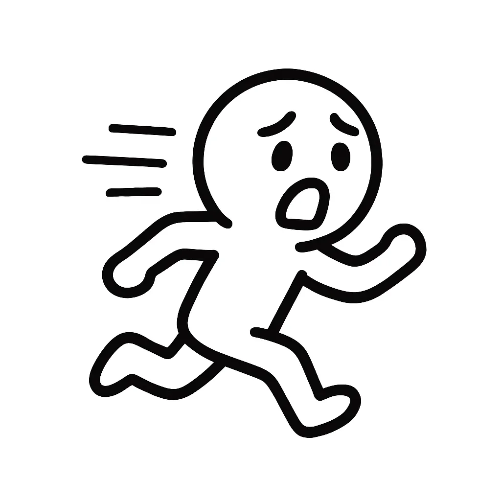 逃げる顔文字のミニマルイラスト｜後ろ向きに走り出す「逃げる顔文字」をモチーフにしたミニマルイラストです。足の動きと慌てた表情で、「ε=ε=ε=┌(;￣◇￣)┘」「(；ﾟДﾟ)」などの逃走感を再構成しました。