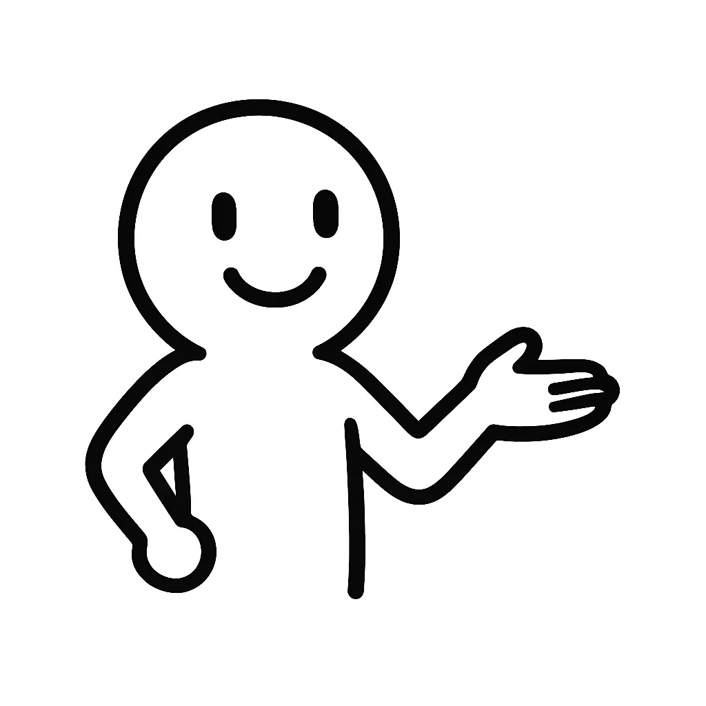 どうぞ顔文字のミニマルイラスト｜何かを差し出すような「どうぞ顔文字」をモチーフにしたミニマルイラストです。笑顔と手のジェスチャーで、「( ･∀･)つ」「( ´ ▽ ` )っ」などのおだやかな提示動作を表現しています。
