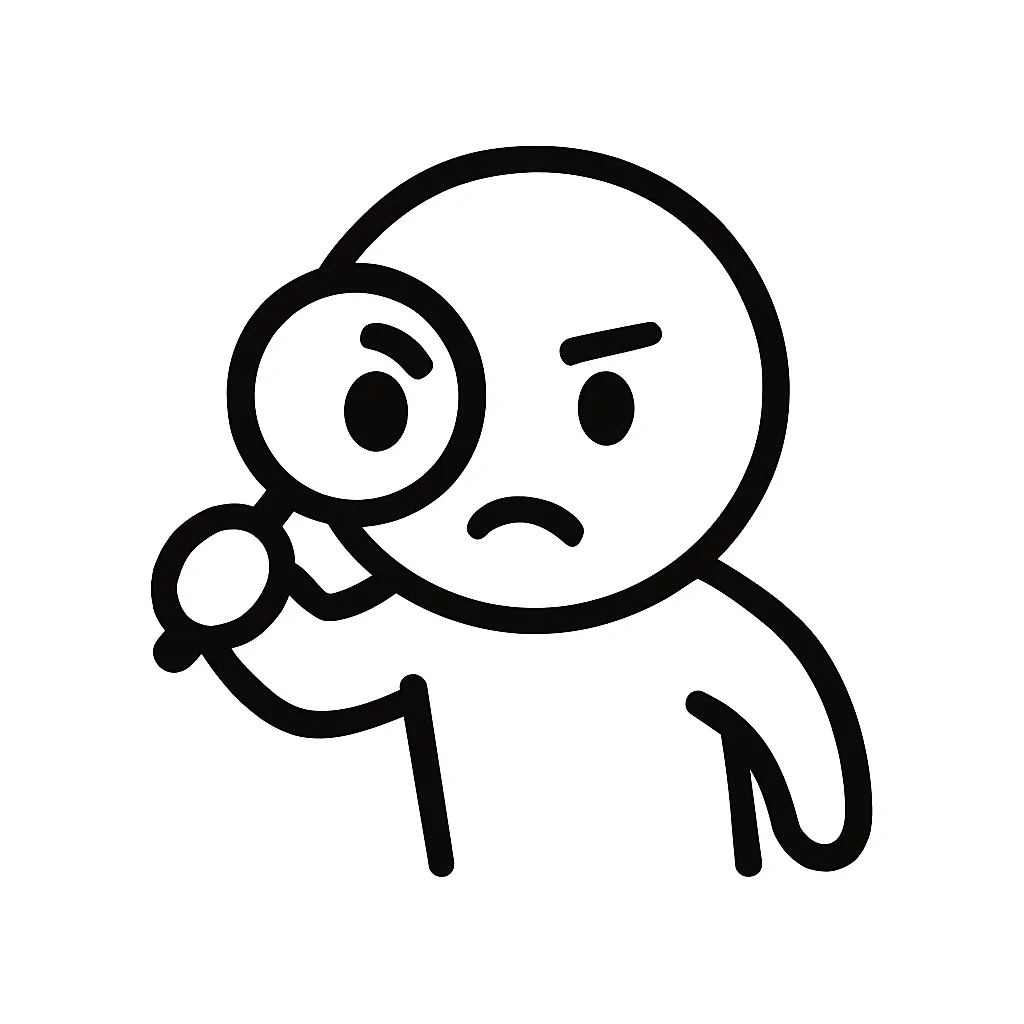 調べる顔文字のミニマルイラスト｜虫眼鏡をのぞき込むような「調べる顔文字」をモチーフにしたミニマルイラストです。片目を大きく強調した表情と手の動きで、「(￢_￢)」「( •̀ω•́ )σ」などの探究的な雰囲気を再構成しました。