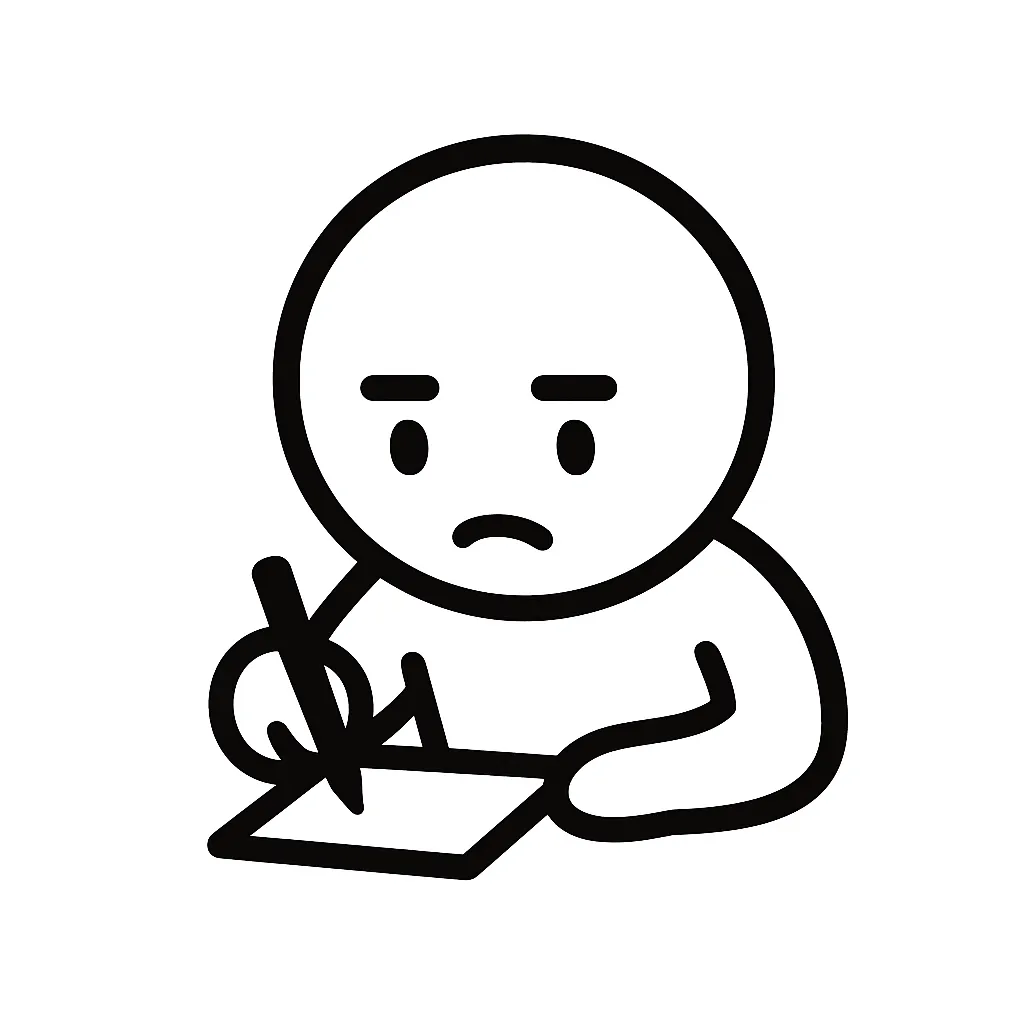 メモ顔文字のミニマルイラスト｜書き込み中の「メモ顔文字」をモチーフにしたミニマルイラストです。視線を落とした表情と手元のペン動作で、「φ(．．)」「(｀・ω・´)φ」などの記録系リアクションをミニマルに描いています。