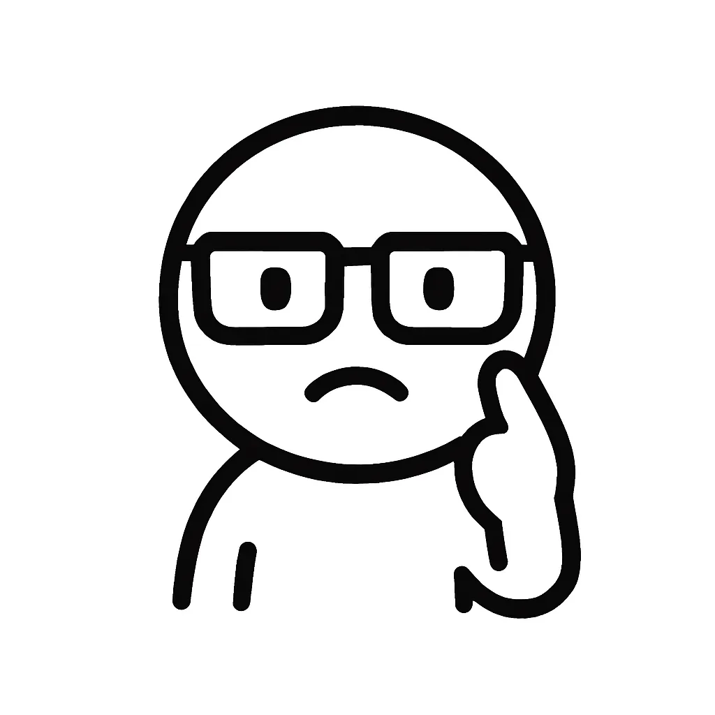 メガネ顔文字のミニマルイラスト｜メガネをかけた知的な印象の「メガネ顔文字」をモチーフにしたミニマルイラストです。四角いフレームと真面目な表情で、「( •_•)σ」「(￣▽￣)ゞ」などの冷静さを強調した表現を再構成しました。