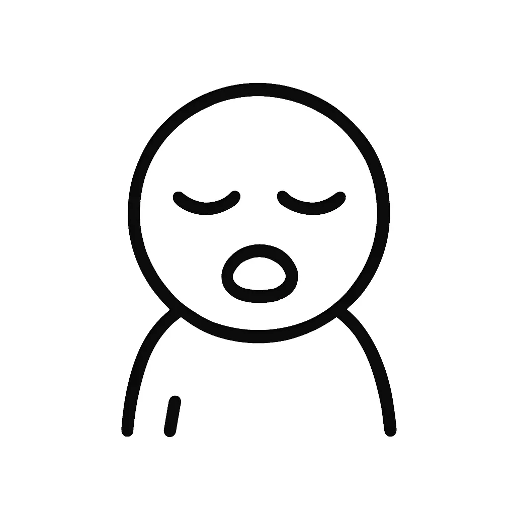 眠い顔文字のミニマルイラスト｜今にも寝そうな「眠い顔文字」をモチーフにしたミニマルイラストです。とろんとした目元とあくびの口で、「(σω-)｡оﾟ」「(´～`)Zzz」などのうとうと感を再構成しました。