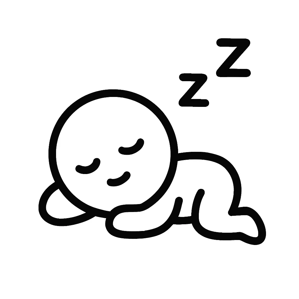寝る顔文字のミニマルイラスト｜目を閉じて横になる「寝る顔文字」をモチーフにしたミニマルイラストです。脱力した姿勢と閉じた目で、「(－_－) zzZ」「( _ _ ).｡o○」などの眠りの様子を再構成しました。