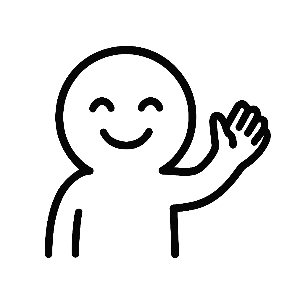 おはよう顔文字のミニマルイラスト｜元気よく挨拶する「おはよう顔文字」をモチーフにしたミニマルイラストです。明るい笑顔と手を上げるポーズで、「(＾▽＾)/」「(｡･ω･)ﾉﾞ」などの朝の爽やかさをシンプルに表現しました。