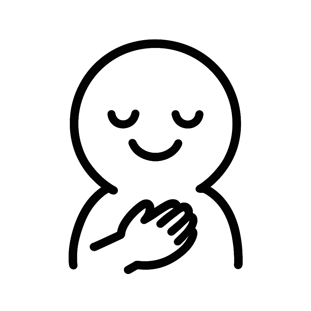 感謝顔文字のミニマルイラスト｜心からの感謝を表す「感謝顔文字」をモチーフにしたミニマルイラストです。両手を胸元でそろえたポーズとにこやかな表情で、「(人´∀｀)」「(＞人＜;)」などのあたたかな感謝表現をシンプルに描きました。