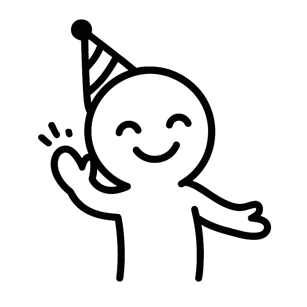 誕生日顔文字のミニマルイラスト｜お祝いムード満点の「誕生日顔文字」をモチーフにしたミニマルイラストです。パーティーハットや手を振る動きで、「(*ﾟ▽ﾟ)/ﾟ･:*【祝】*:･ﾟ＼(ﾟ▽ﾟ*)」「(≧∇≦)ﾉ～☆Happy Birthday!!」などの明るさを再構成しました。