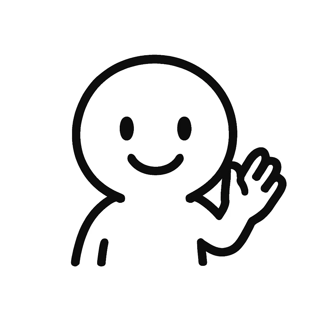 バイバイ顔文字のミニマルイラスト｜手を振って別れを告げる「バイバイ顔文字」をモチーフにしたミニマルイラストです。やさしく笑う表情と片手の動きで、「( ´ ▽ ` )ﾉ」「(・ω・)ノシ」などの挨拶感をシンプルに表現しました。