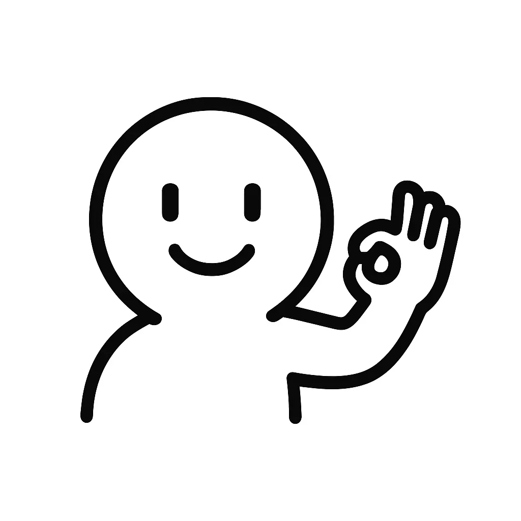 了解顔文字のミニマルイラスト｜軽く手を挙げる「了解顔文字」をモチーフにしたミニマルイラストです。うなずきと手のポーズで、「(￣^￣)ゞ」「(｀・ω・´)ゝ了解！」などの前向きな了承リアクションを再構成しています。