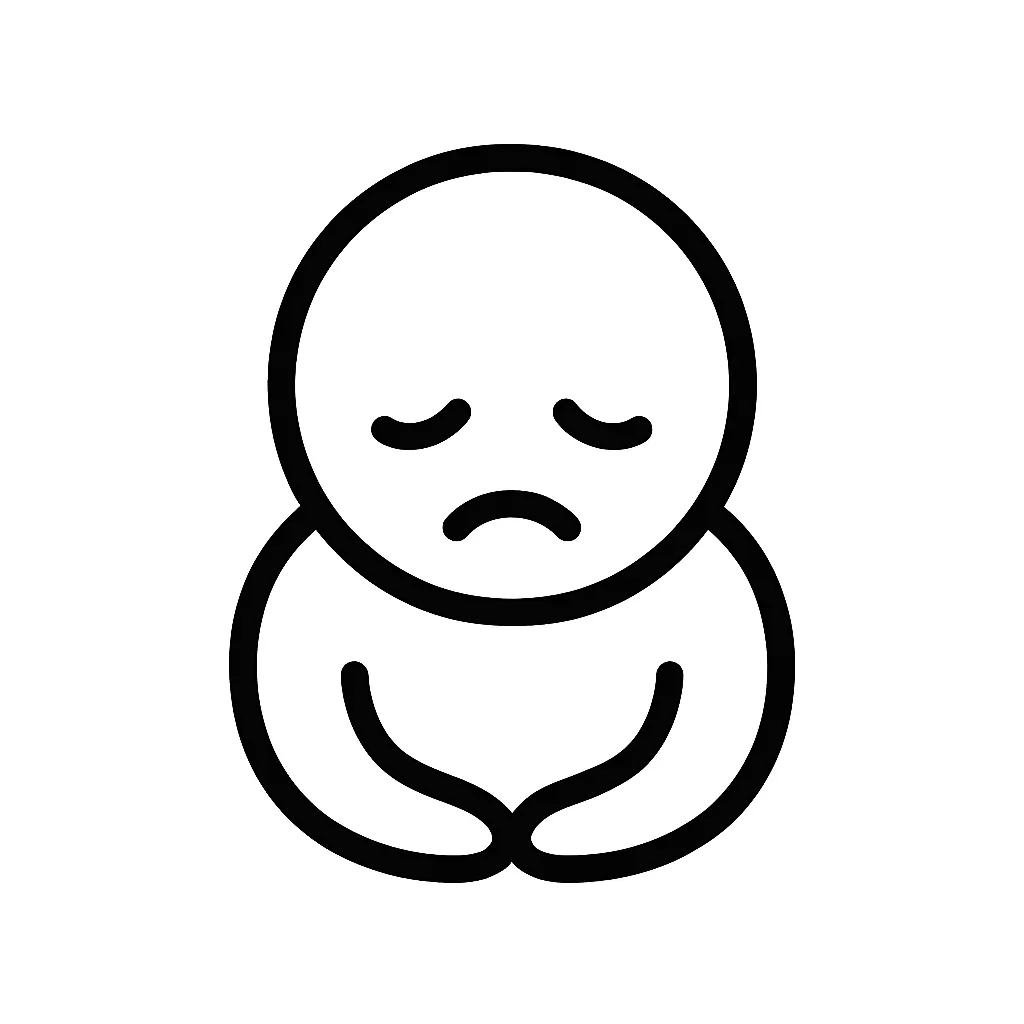 ごめん顔文字のミニマルイラスト｜困り顔で謝る「ごめん顔文字」をモチーフにしたミニマルイラストです。手を合わせたポーズとしょんぼりした目元で、「(；ω；)ごめんなさい」「m(＿ ＿)m」などの弱々しい謝罪感を表現しています。