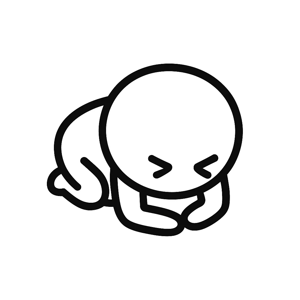 土下座顔文字のミニマルイラスト｜地面にひれ伏す「土下座顔文字」をモチーフにしたミニマルイラストです。手足を地面につけた姿勢と丸まったフォルムで、「＿|￣|○」「m(_ _)m」などの強い謝罪リアクションをシンプルに再現しました。