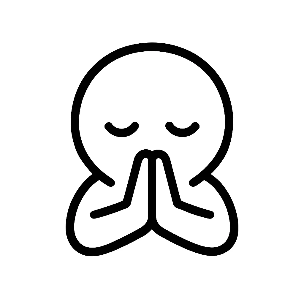 祈る顔文字のミニマルイラスト｜両手を合わせて願う「祈る顔文字」をモチーフにしたミニマルイラストです。閉じた目と合掌ポーズで、「(｡-人-｡)」「(*>人<*)」などの祈りやお願いの気持ちをシンプルに表現しました。