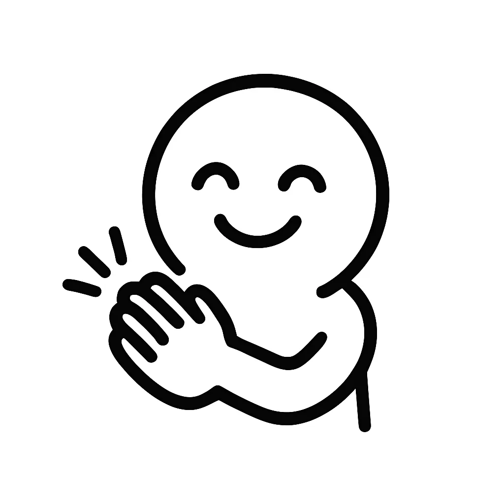 拍手顔文字のミニマルイラスト｜両手をたたいて称賛する「拍手顔文字」をモチーフにしたミニマルイラストです。にっこり笑った表情と手をたたく動きで、「(＾▽＾)パチパチ」「(*ﾟ▽ﾟﾉﾉﾞ☆」などの賛辞や応援を表現しました。