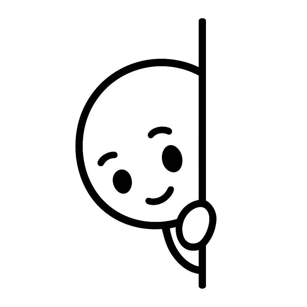 のぞき顔文字のミニマルイラスト｜端からひょこっと顔を出す「のぞく」顔文字をモノクロで表現したミニマルイラストです。左右非対称の配置や片側から出る目線がポイントで、SNSやメッセージに遊び心を加えるのに最適。アスキーアート「｜ω・）」「|･ω･｀)」などを参考にしています。