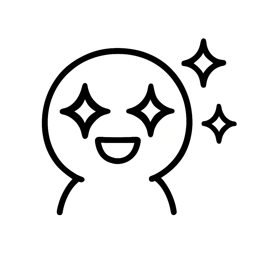 キラキラ顔文字のミニマルイラスト｜目を輝かせた「キラキラ」顔文字を、モノクロのミニマルスタイルで表現したイラストです。瞳の中や周囲に星やひかりのモチーフを組み合わせて、ときめきや感動を印象づけます。アスキーアート「(☆∀☆)」の輝きを洗練された形で再現しています。