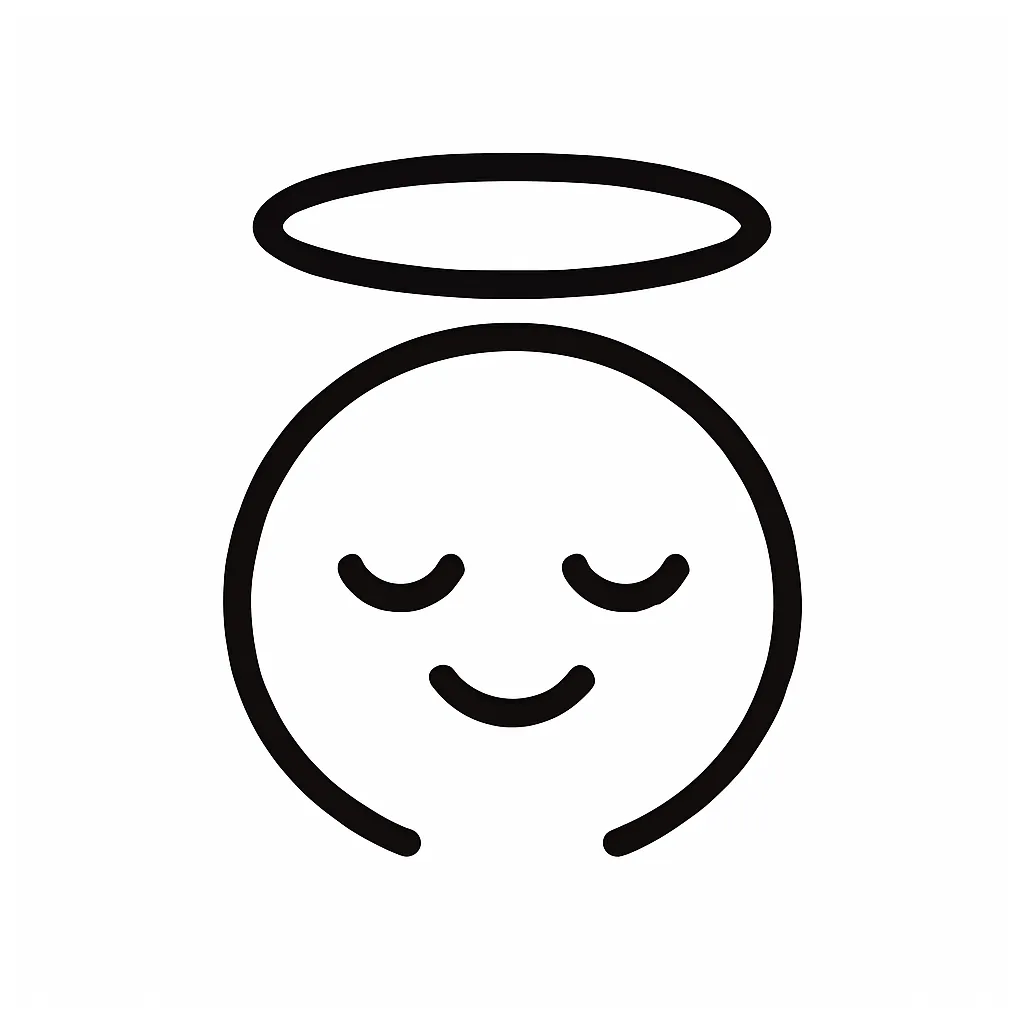 天使顔文字のミニマルイラスト｜天使のような優しい表情と、頭上の光輪（リング）を添えた「天使顔文字」をモノクロで表現したミニマルイラストです。清らかな雰囲気で、癒し系や祈りのイメージにぴったり。アスキーアート「( ˘ω˘ )人」「(｡-人-｡)」のやさしさを簡潔に再構築しています。