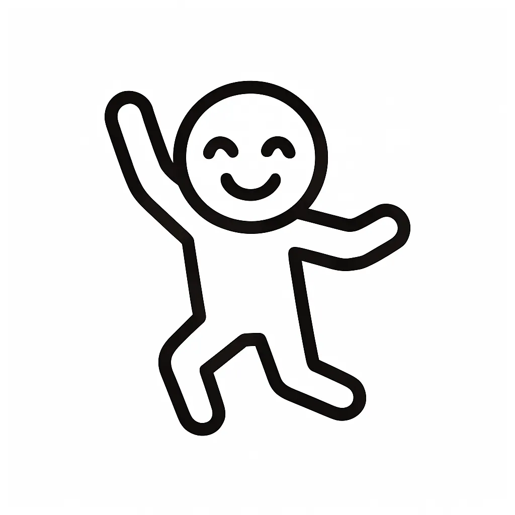 ダンス顔文字のミニマルイラスト｜リズムに乗って体を動かしているような「ダンス顔文字」を、モノクロのラインでユニークに表現したミニマルイラストです。両手やポーズに動きがあり、楽しい気分を伝えます。アスキーアート「(ﾉ^o^)ﾉ♪」「┏(＾0＾)┛」のノリをシンプルに再現しています。