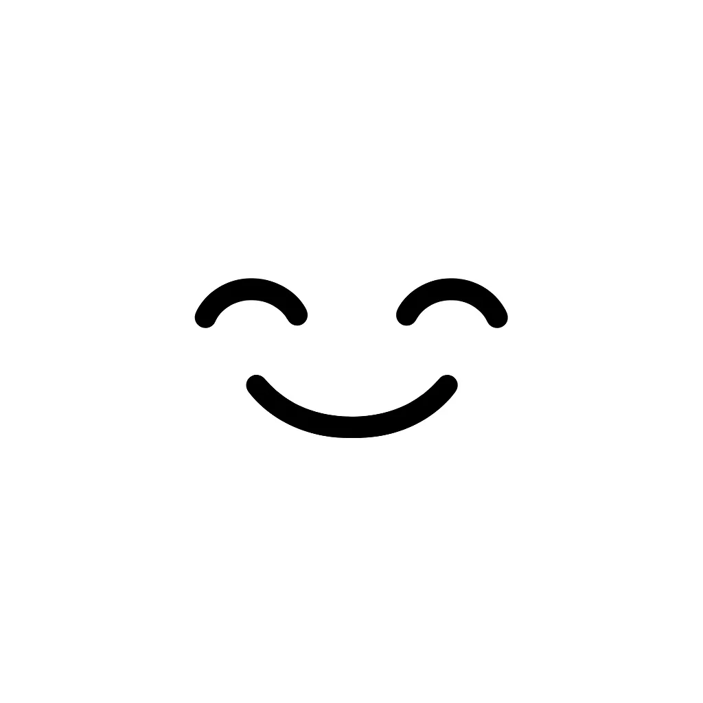 笑顔の顔文字のミニマルイラスト｜見ている人まで笑顔になるような「笑顔顔文字」を、モノクロのミニマルスタイルで表現したイラストです。まるくやわらかい目と口が特徴で、あたたかみのある雰囲気を伝えます。代表的なアスキーアート「(*´▽｀*)」の親しみやすさを再現しています。