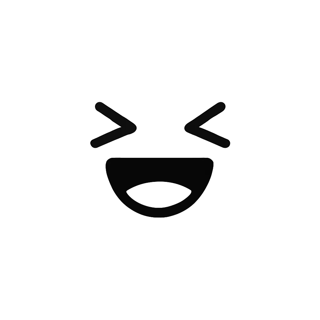 笑う顔文字のミニマルイラスト｜大きく口を開けて楽しそうに笑う「笑う顔文字」をモチーフにしたミニマルイラストです。目元も笑っているような線の形と、勢いある口元が印象的。アスキーアート「(≧▽≦)」のような元気な雰囲気をモノクロで表現しています。