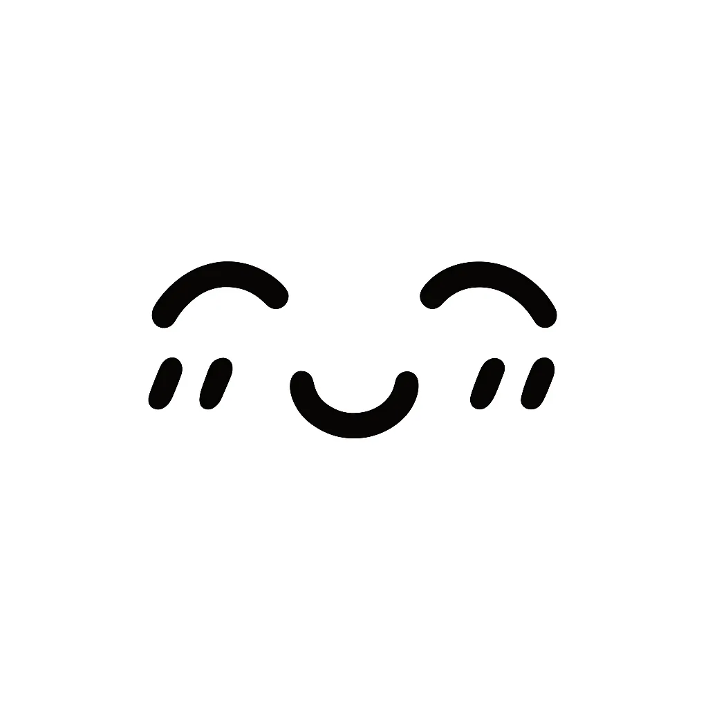 うふふ顔文字のミニマルイラスト｜可愛らしさと照れ笑いが混ざった「うふふ顔文字」を、モノクロで仕上げたミニマルイラストです。丸みのある目元と小さな笑顔が優しい印象を与え、スタンプにもぴったり。アスキーアート「(*´艸`*)」の雰囲気をコンパクトに表現しています。