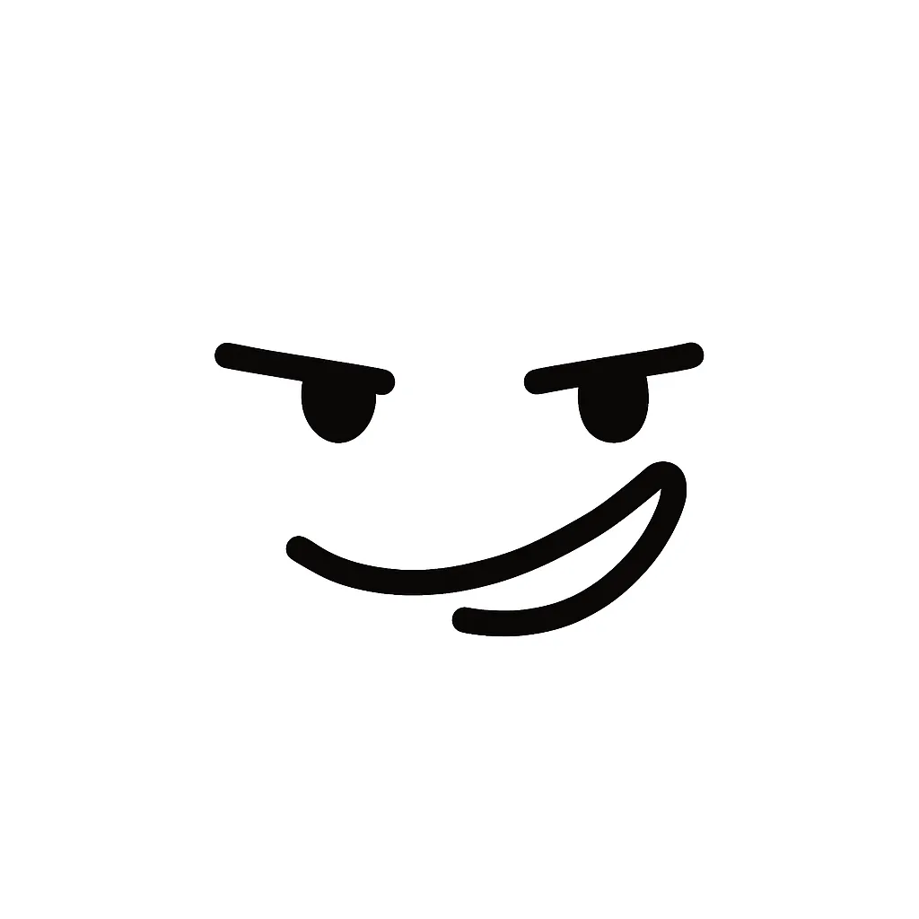 にやり顔文字のミニマルイラスト｜いたずらっぽい笑みを浮かべた「にやり顔文字」をテーマにしたモノクロのミニマルイラストです。片方の口角が上がったようなラインや細めの目が特徴で、裏のある笑いや企みをシンプルに表現。アスキーアート「(￣ー￣)」の雰囲気を再現しています。