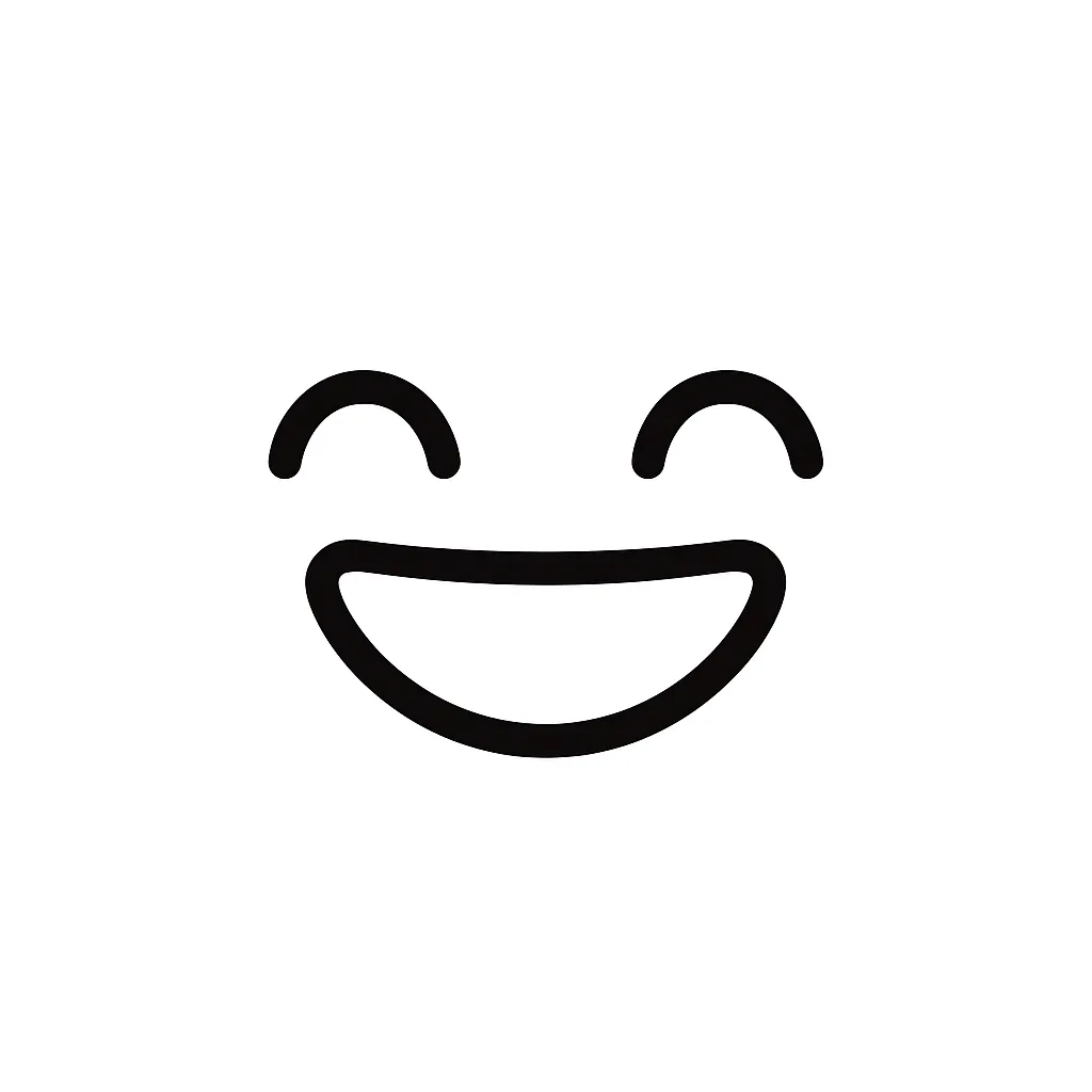 嬉しい顔文字のミニマルイラスト｜素直に喜んでいる表情の「嬉しい顔文字」をモノクロで描いたミニマルイラストです。弧を描いた目と大きく開いた口が特徴で、無邪気な嬉しさが伝わるデザイン。代表的なアスキーアート「(*≧∀≦*)」を簡潔に落とし込んでいます。