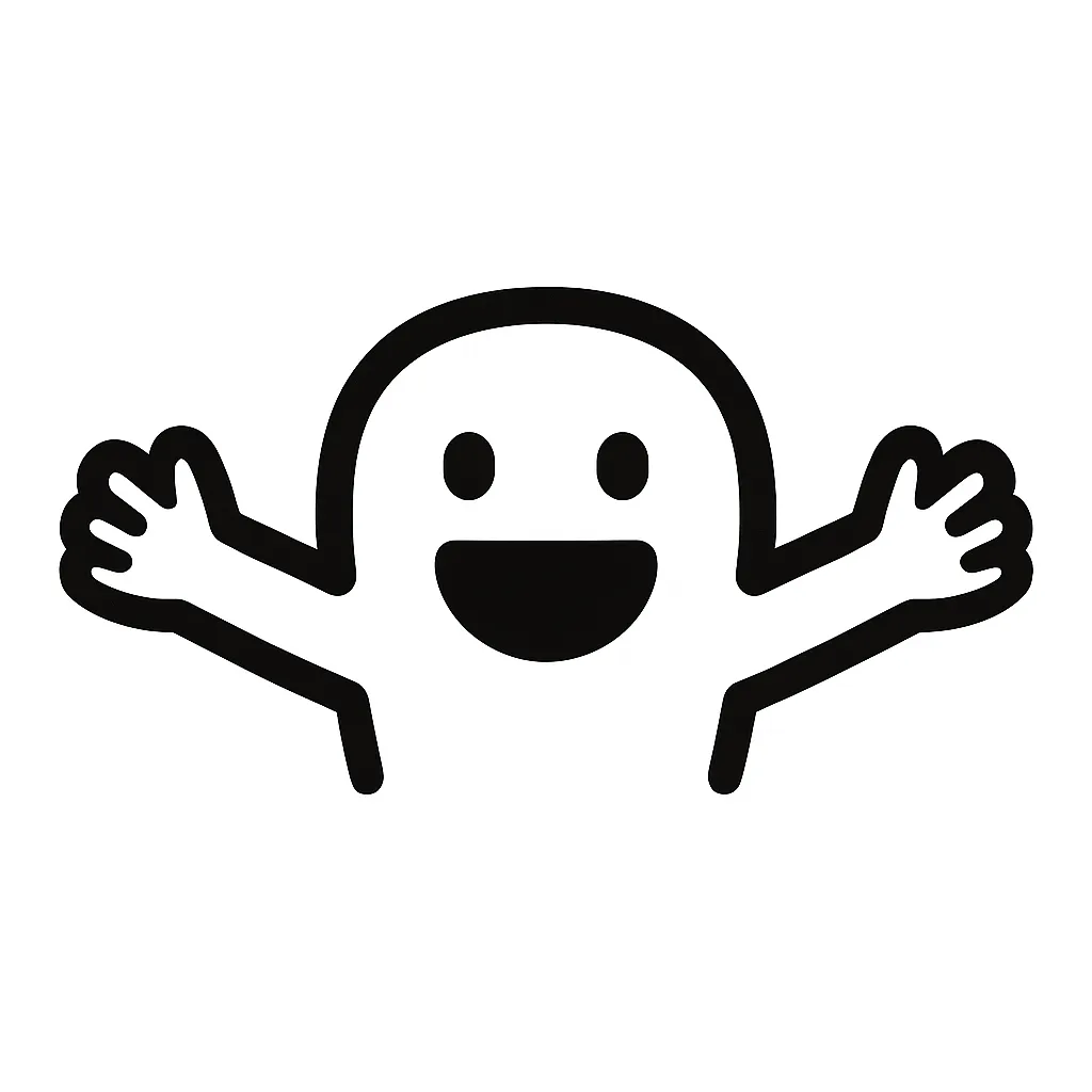 ブーン顔文字のミニマルイラスト｜「ブーン」と音を立てて走る・飛ぶような顔文字を、モノクロで大胆に表現したミニマルイラストです。両手を広げた元気なポーズが特徴で、親しみやすさと勢いを感じさせます。完全な白背景が動きを際立たせ、アスキーアート「ε≡≡ﾍ( ´Д`)ﾉ」の軽快さを再現しています。