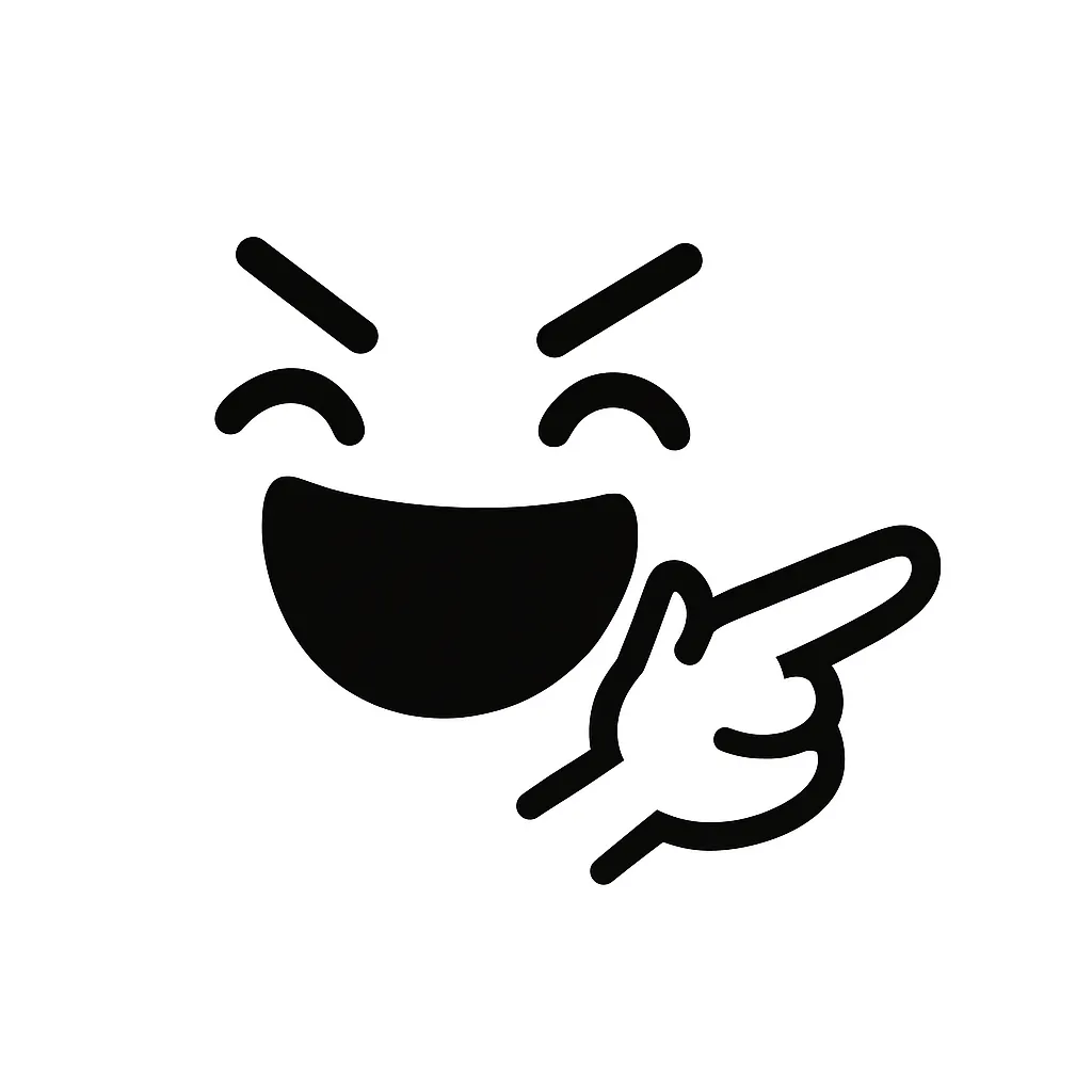 プギャー顔文字のミニマルイラスト｜笑いをこらえず煽るような表情の「プギャー顔文字」をミニマルな黒線で再構成したイラストです。口を大きく開けた表情と力の抜けた目線が特徴で、ネタ感のある笑いを演出。アスキーアート「m9(^Д^)ﾌﾟｷﾞｬｰ!!」のインパクトをシンプルに再現しています。