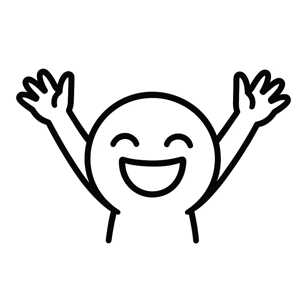 わーい顔文字のミニマルイラスト｜両手を上げて喜んでいる「わーい顔文字」をモノクロで表現したミニマルイラストです。手を広げたポーズと満面の笑顔が特徴で、テンションの高さをシンプルに伝えます。アスキーアート「ヽ(・∀・)ﾉ」や「ヾ(≧▽≦)ﾉ」のような動きのある喜びを再構成しています。