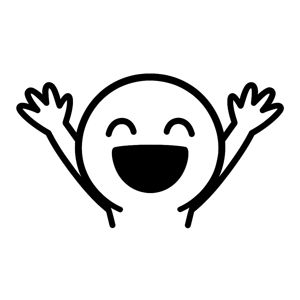 やったー顔文字のミニマルイラスト｜成功や達成の喜びを表現した「やったー顔文字」のミニマルイラストです。口を大きく開けた笑顔と上がった手の動きが特徴で、明るく元気な雰囲気を演出します。アスキーアート「(*ﾟ▽ﾟ*)」「＼(＾▽＾)／」などを参考に、白黒でシンプルに仕上げています。