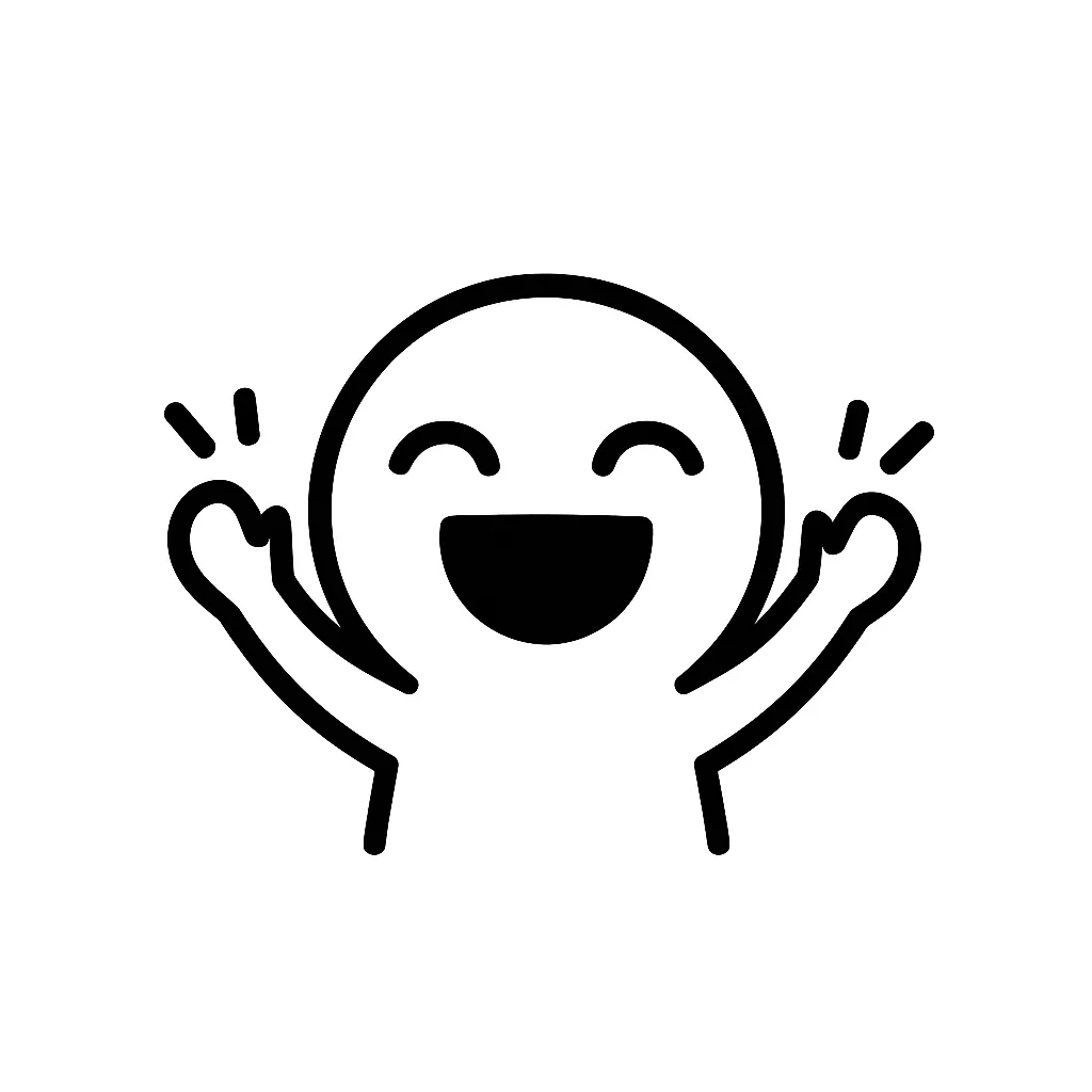 喜ぶ顔文字のミニマルイラスト｜うれしさがあふれる「喜ぶ顔文字」をモチーフにしたモノクロのミニマルイラストです。やわらかな笑顔と動きのある手や目線がポイントで、感情の高まりをやさしく表現。アスキーアート「(≧∇≦)」「(*´∀｀*)」の明るい印象を活かしています。