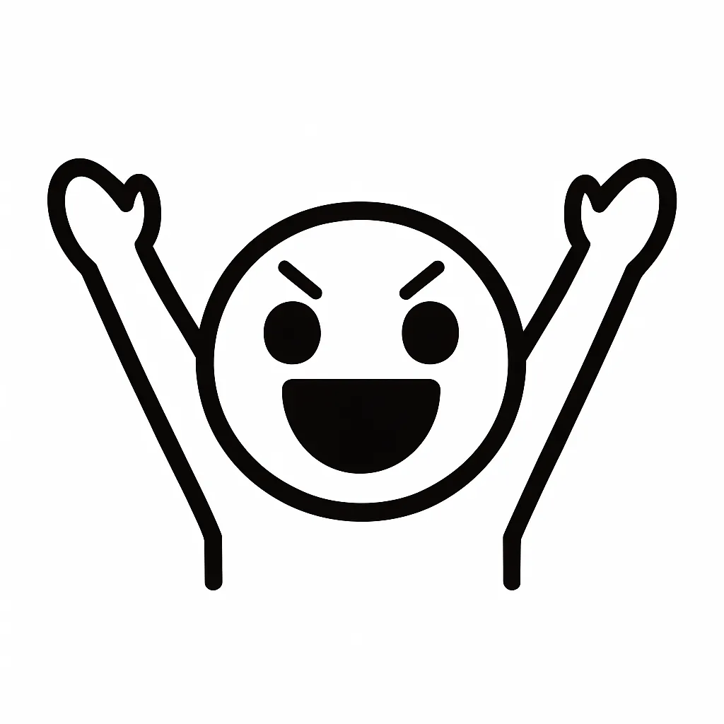 キター顔文字のミニマルイラスト｜感情が爆発するような「キター顔文字」をモノクロで表現したミニマルイラストです。目を見開き、腕を突き上げたような勢いのあるポーズが特徴で、テンションMAXな場面にぴったり。アスキーアート「ｷﾀ━━(ﾟ∀ﾟ)━━!!」のインパクトを簡潔に再現しています。