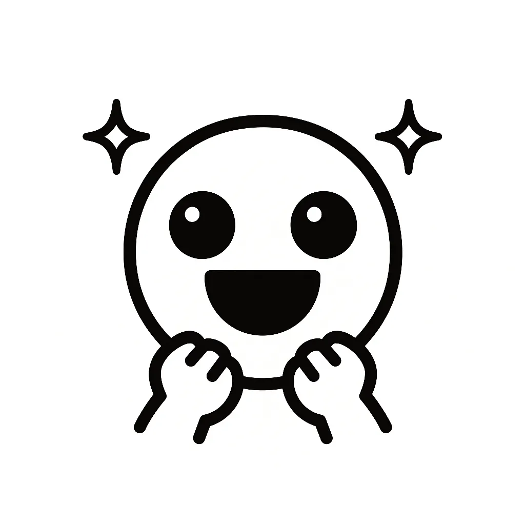 わくわく顔文字のミニマルイラスト｜期待に胸をふくらませるような「わくわく顔文字」をモチーフにしたミニマルイラストです。輝く目と手をギュッと握ったポーズが特徴で、シンプルながらも感情が伝わります。アスキーアート「o(≧▽≦)o」や「(*ﾟ∀ﾟ*)」のときめきを洗練して再構成しています。
