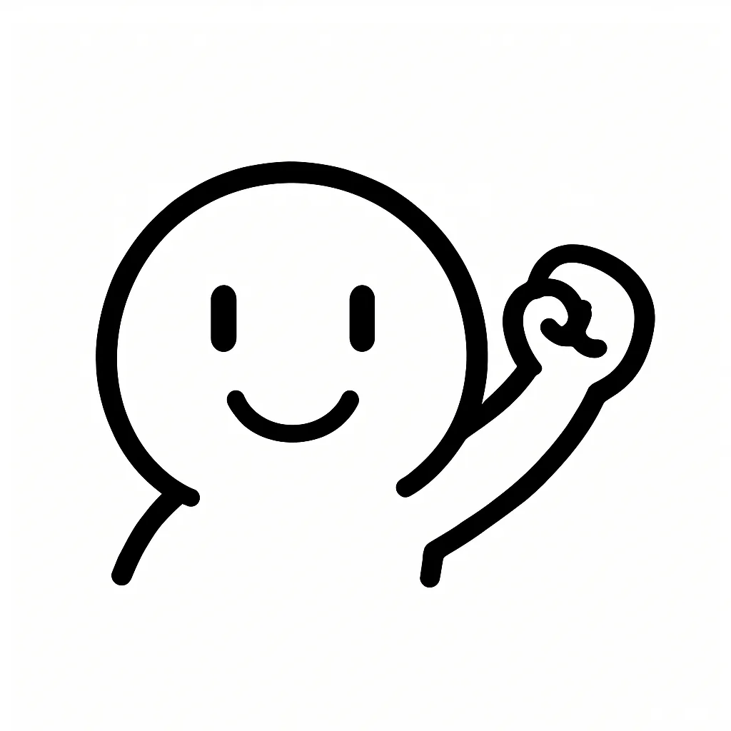 応援顔文字のミニマルイラスト｜誰かを元気づける「応援顔文字」をモチーフにしたミニマルイラストです。まっすぐな目線と力強く手を振るポーズが特徴で、エールを送る気持ちがシンプルに伝わります。アスキーアート「(๑•̀ㅂ•́)و✧」「( •̀ᴗ•́ )و ̑̑」の励まし感を再構成しています。