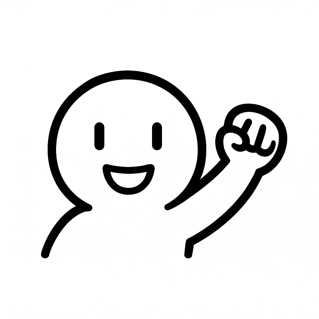 ファイト顔文字のミニマルイラスト｜「ファイト！」の掛け声をイメージした顔文字を、白背景のモノクロ線画でミニマルに表現したイラストです。片手をグッと突き出したポーズと明るい表情で、応援や自己鼓舞にぴったり。アスキーアート「(ง •̀_•́)ง」や「٩(｡•́‿•̀｡)۶」を元に構成しています。