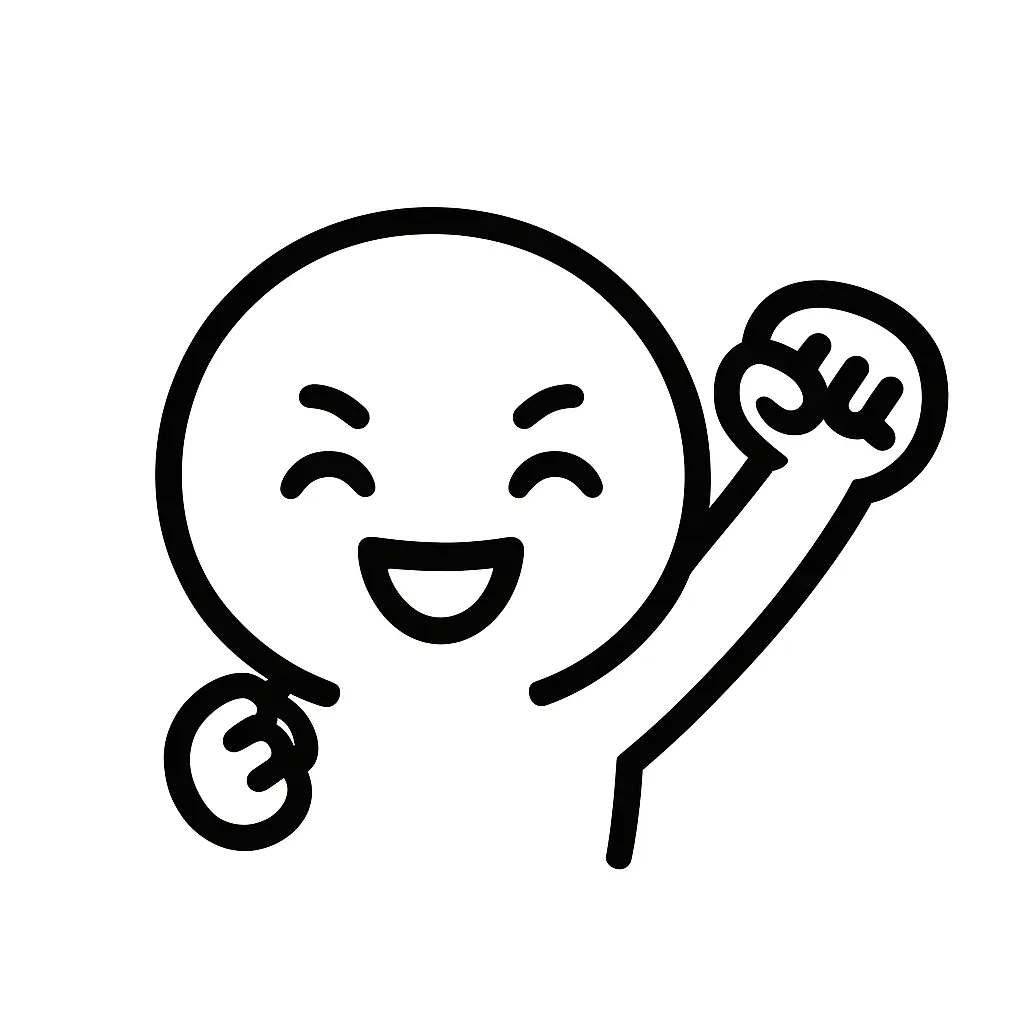 ガッツポーズ顔文字のミニマルイラスト｜喜びや達成を全身で表現した「ガッツポーズ顔文字」をテーマにしたミニマルイラストです。拳を握って腕を振り上げた力強いシルエットが特徴で、白黒でもエネルギーが伝わります。アスキーアート「( •̀ᄇ•́)ﻭ✧」「(๑•̀ㅂ•́)و」などをシンプルに再現しています。